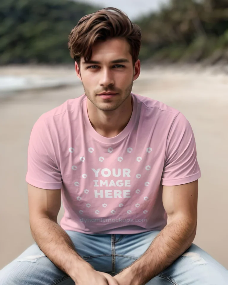 Man Wearing Pink T-shirt Mockup Front View Template