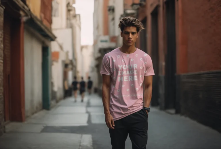 Man Wearing Pink T-shirt Mockup Front View Template