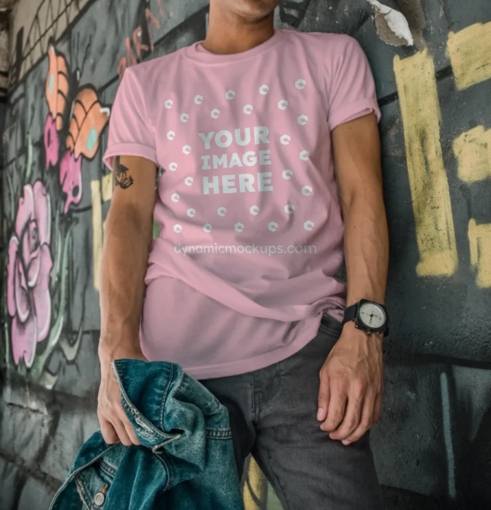 Man Wearing Pink T-shirt Mockup Front View Template