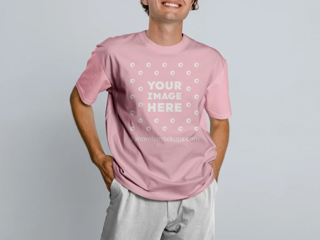 Man Wearing Pink T-shirt Mockup Front View Template