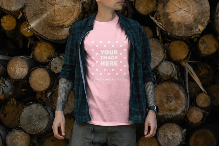 Man Wearing Pink T-shirt Mockup Front View Template