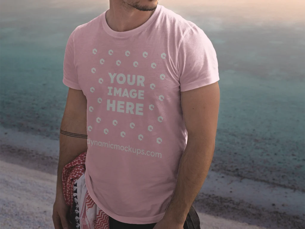 Man Wearing Pink T-shirt Mockup Front View Template