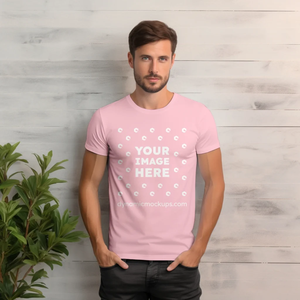 Man Wearing Pink T-shirt Mockup Front View Template