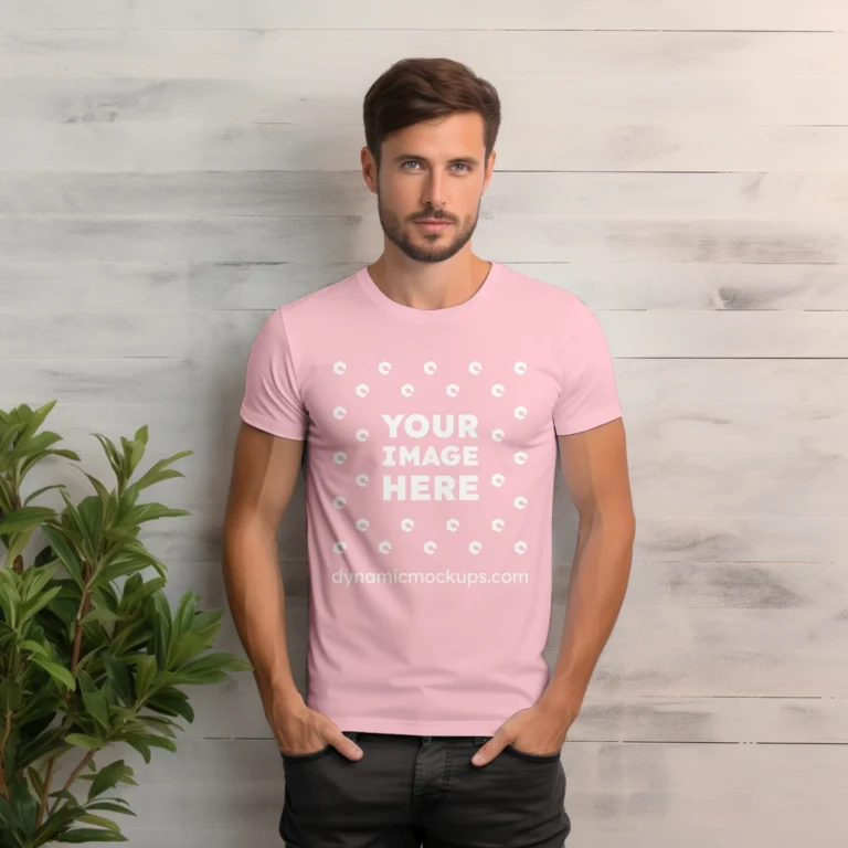 Man Wearing Pink T-shirt Mockup Front View Template