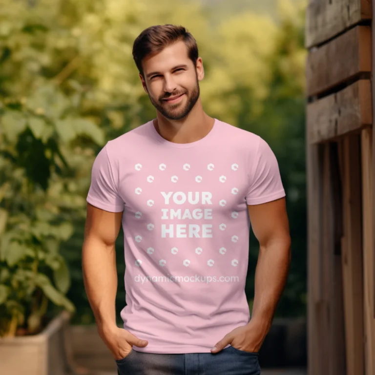 Man Wearing Pink T-shirt Mockup Front View Template