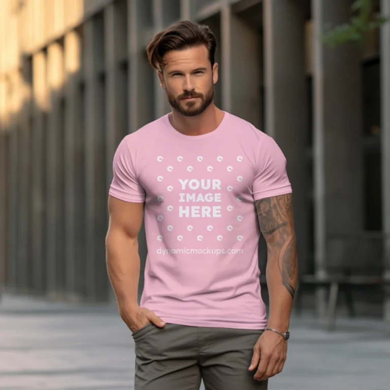 Man Wearing Pink T-shirt Mockup Front View Template