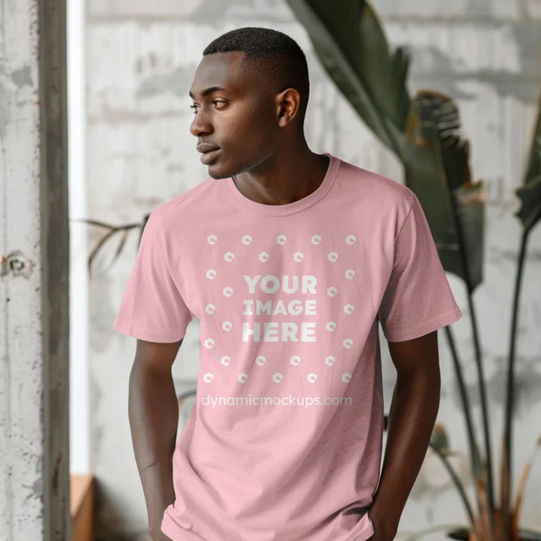 Man Wearing Pink T-shirt Mockup Front View Template