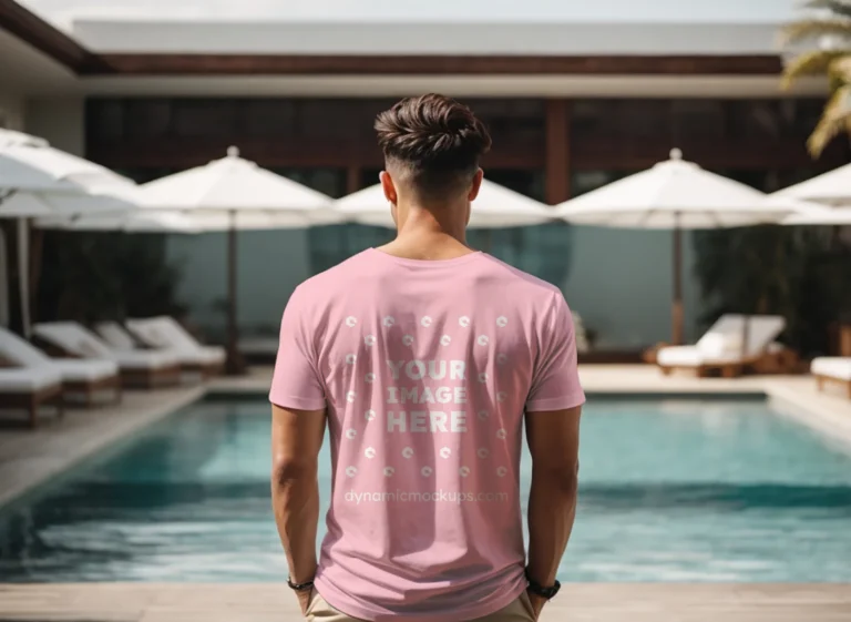 Man Wearing Pink T-shirt Mockup Back View Template