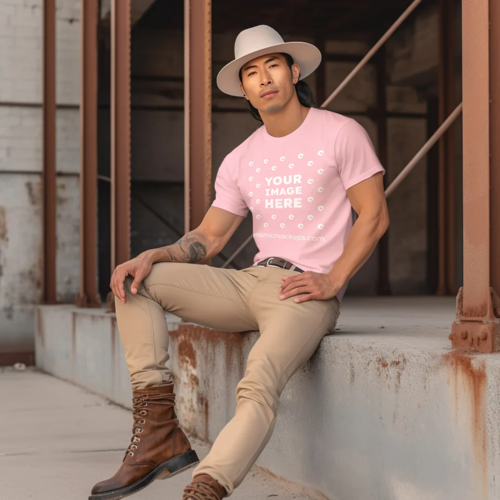 Man Wearing Pink T-shirt Mockup Front View Template