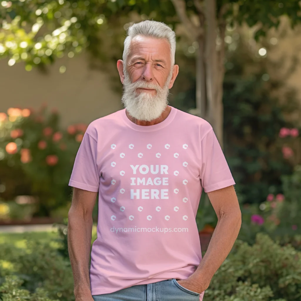 Man Wearing Pink T-shirt Mockup Front View Template