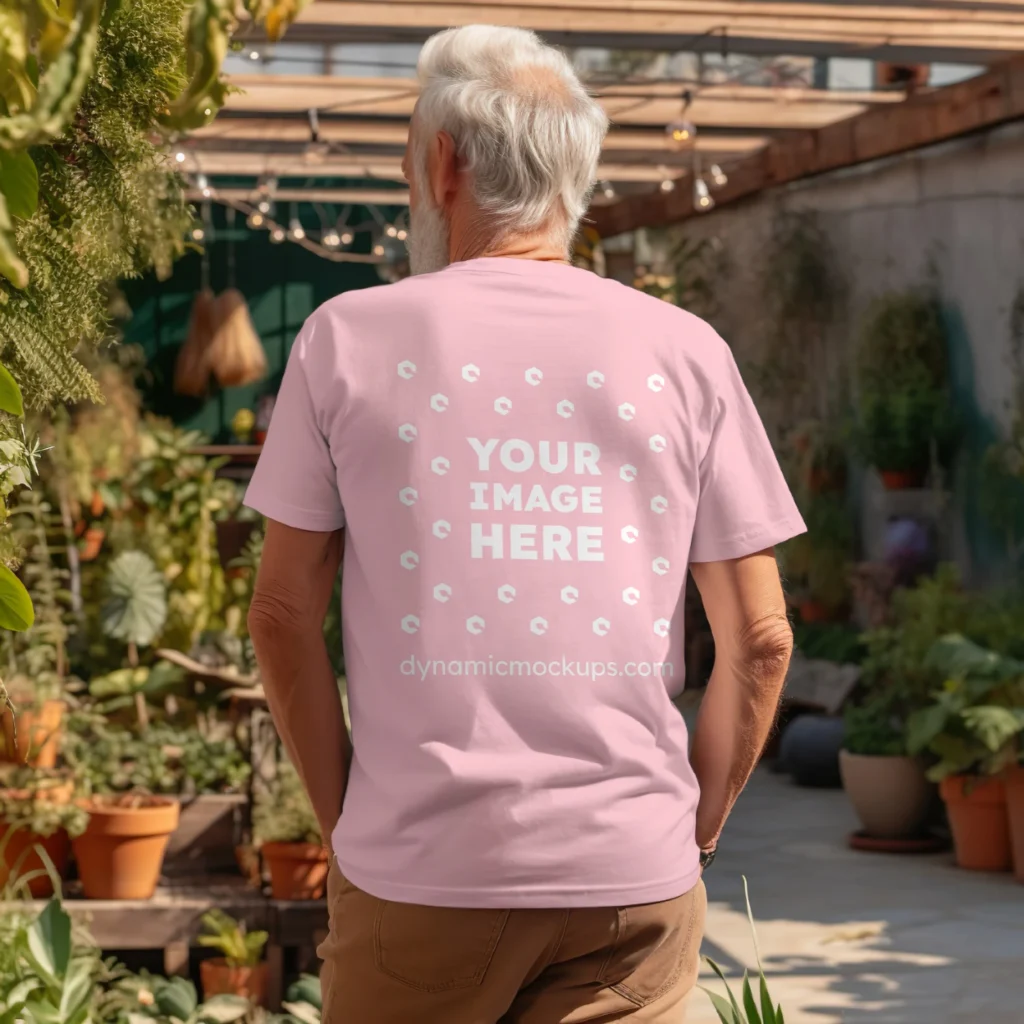 Man Wearing Pink T-shirt Mockup Back View Template