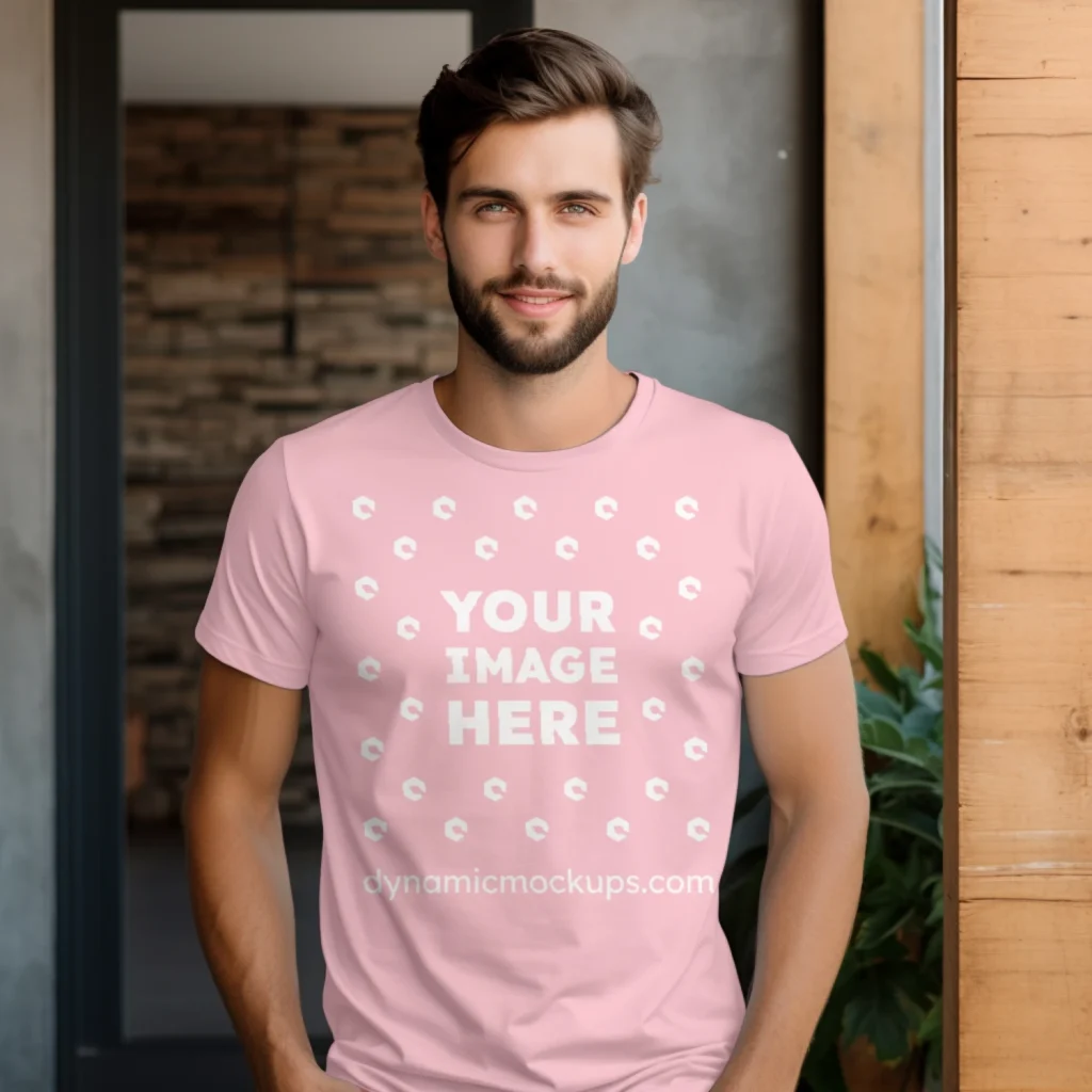 Man Wearing Pink T-shirt Mockup Front View Template