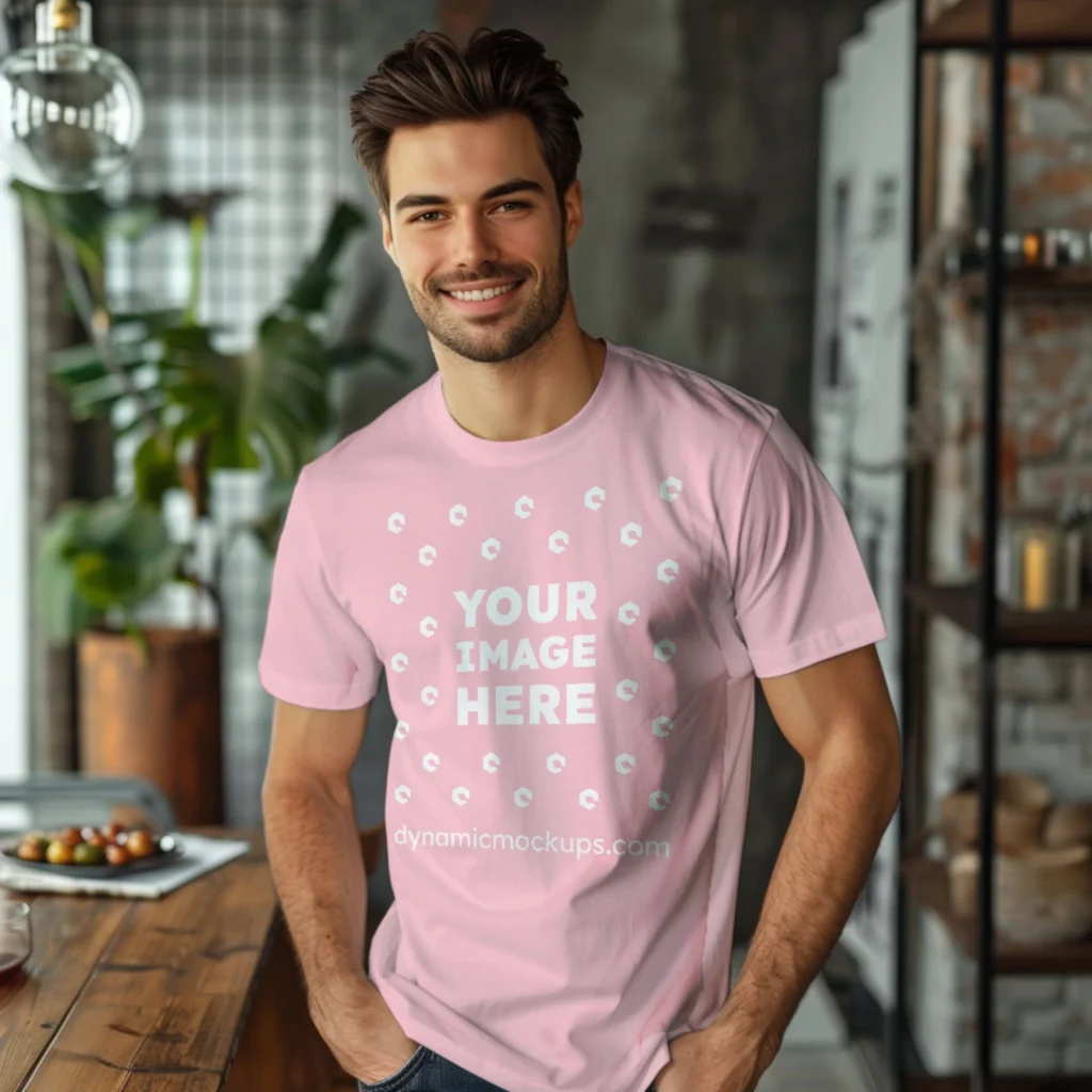 Man Wearing Pink T-shirt Mockup Front View Template