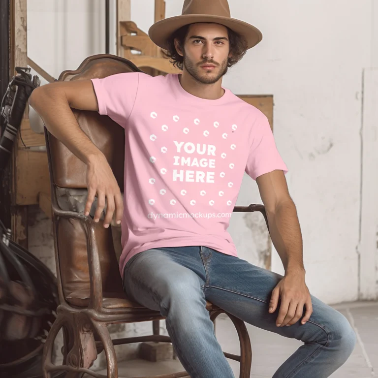 Man Wearing Pink T-shirt Mockup Front View Template