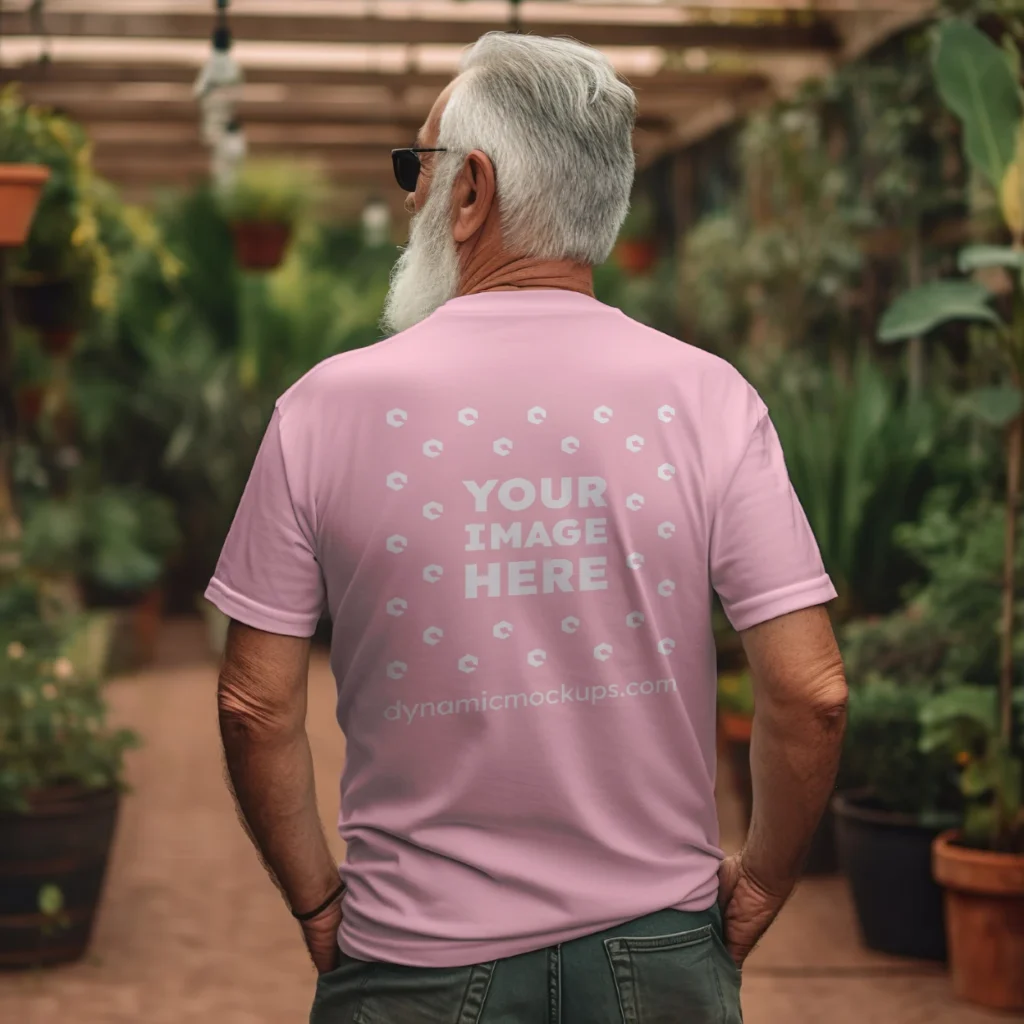 Man Wearing Pink T-shirt Mockup Back View Template