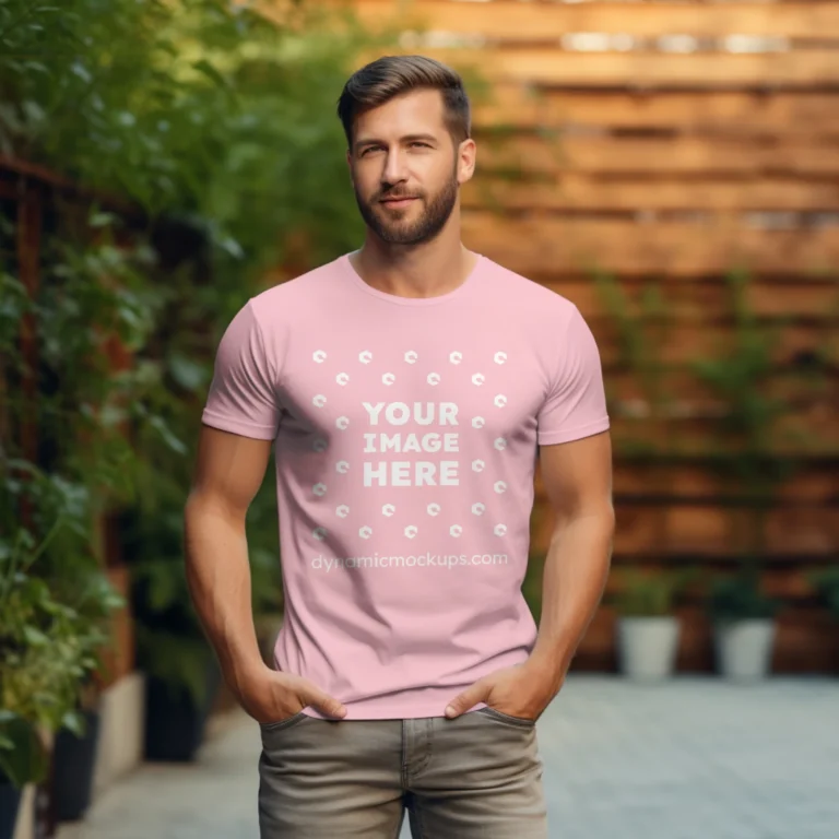 Man Wearing Pink T-shirt Mockup Front View Template