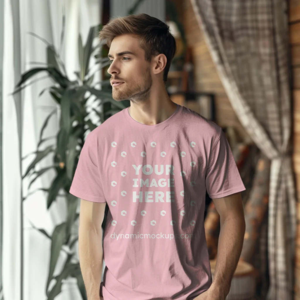 Man Wearing Pink T-shirt Mockup Front View Template