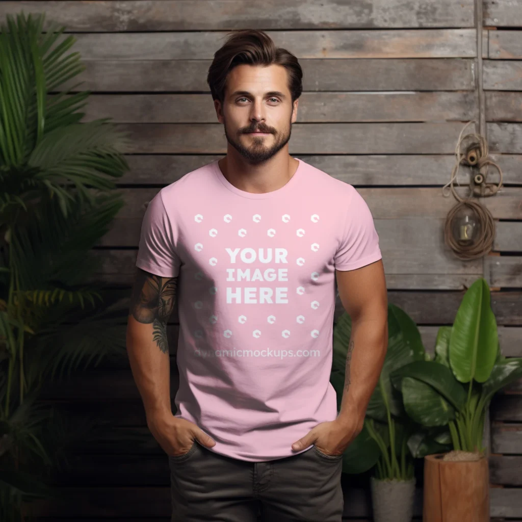 Man Wearing Pink T-shirt Mockup Front View Template