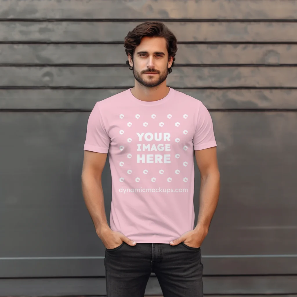 Man Wearing Pink T-shirt Mockup Front View Template