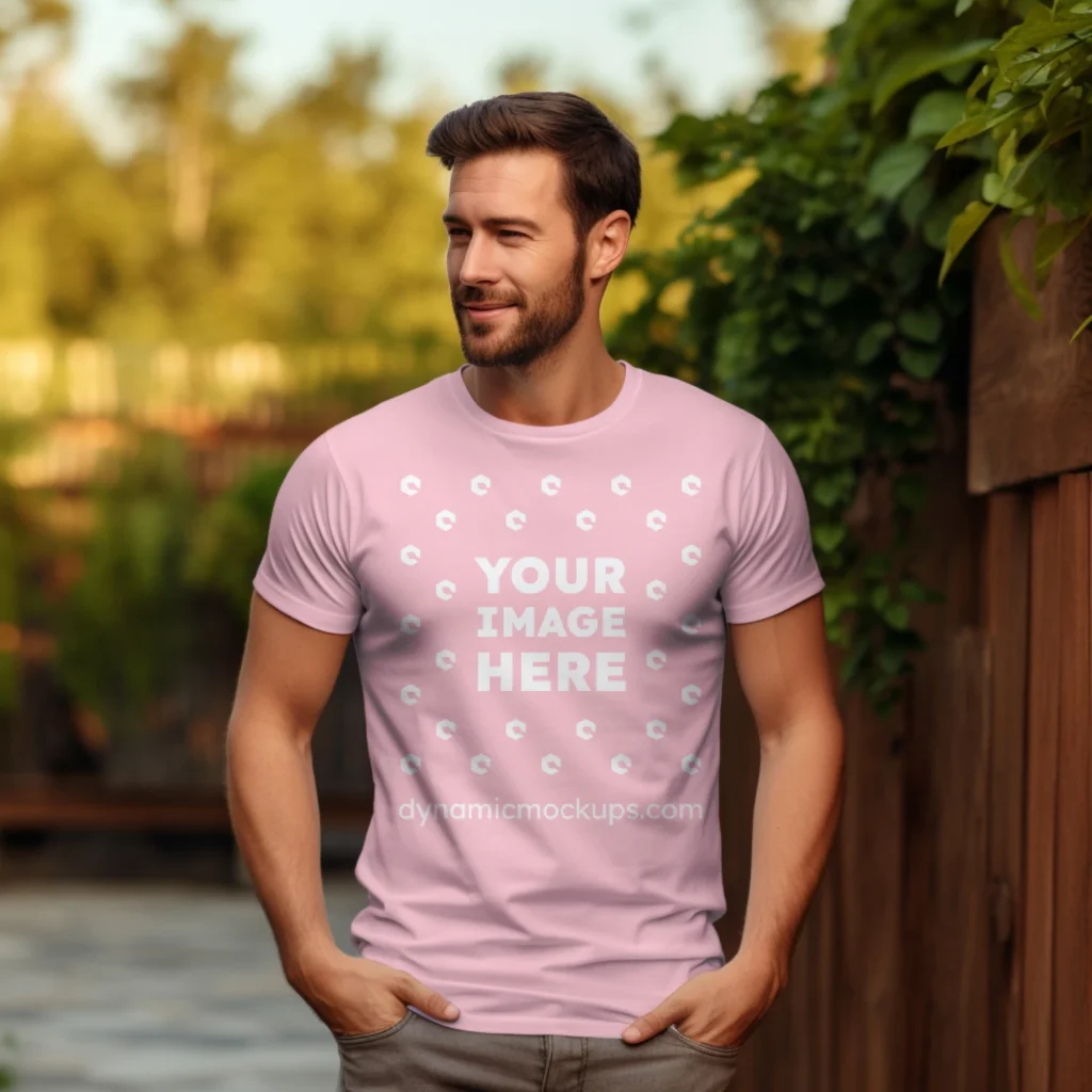 Man Wearing Pink T-shirt Mockup Front View Template