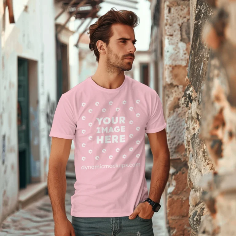 Man Wearing Pink T-shirt Mockup Front View Template