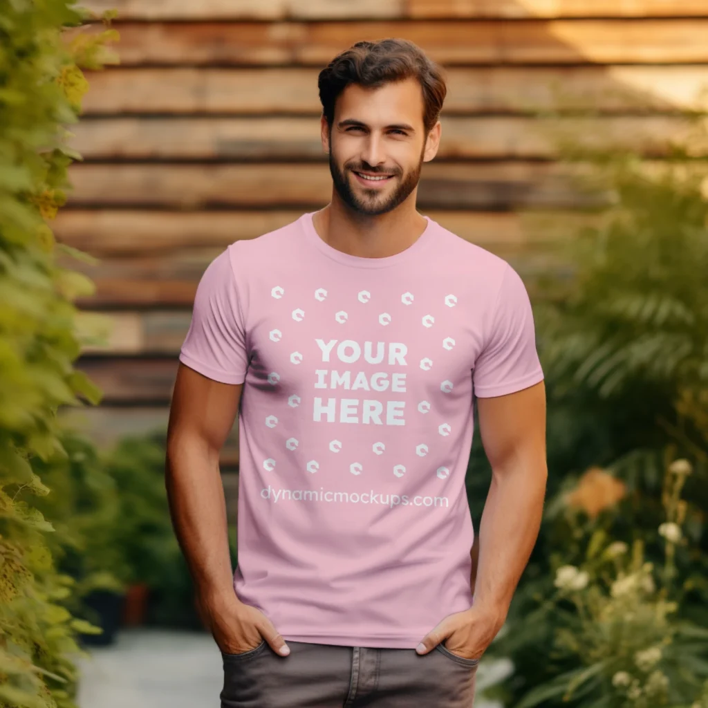 Man Wearing Pink T-shirt Mockup Front View Template