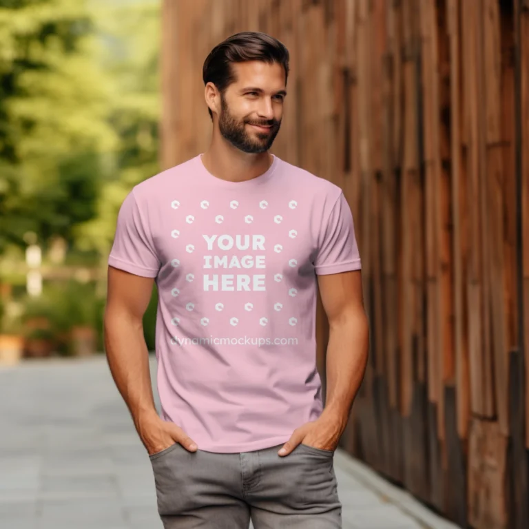 Man Wearing Pink T-shirt Mockup Front View Template