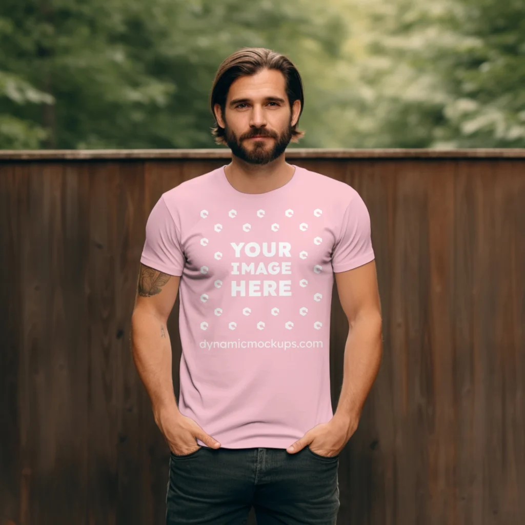 Man Wearing Pink T-shirt Mockup Front View Template