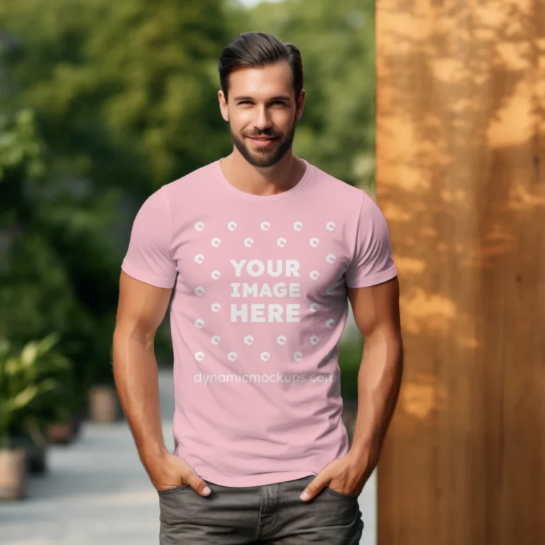 Man Wearing Pink T-shirt Mockup Front View Template