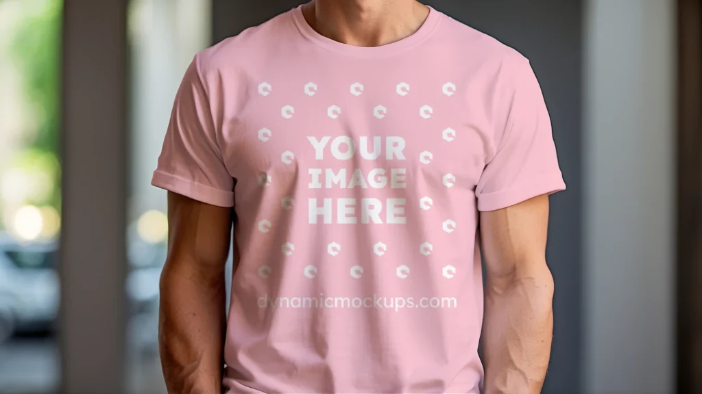 Man Wearing Pink T-shirt Mockup Front View Template