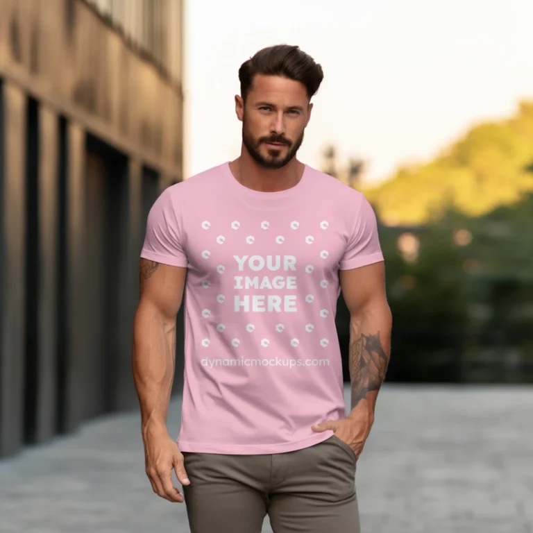 Man Wearing Pink T-shirt Mockup Front View Template