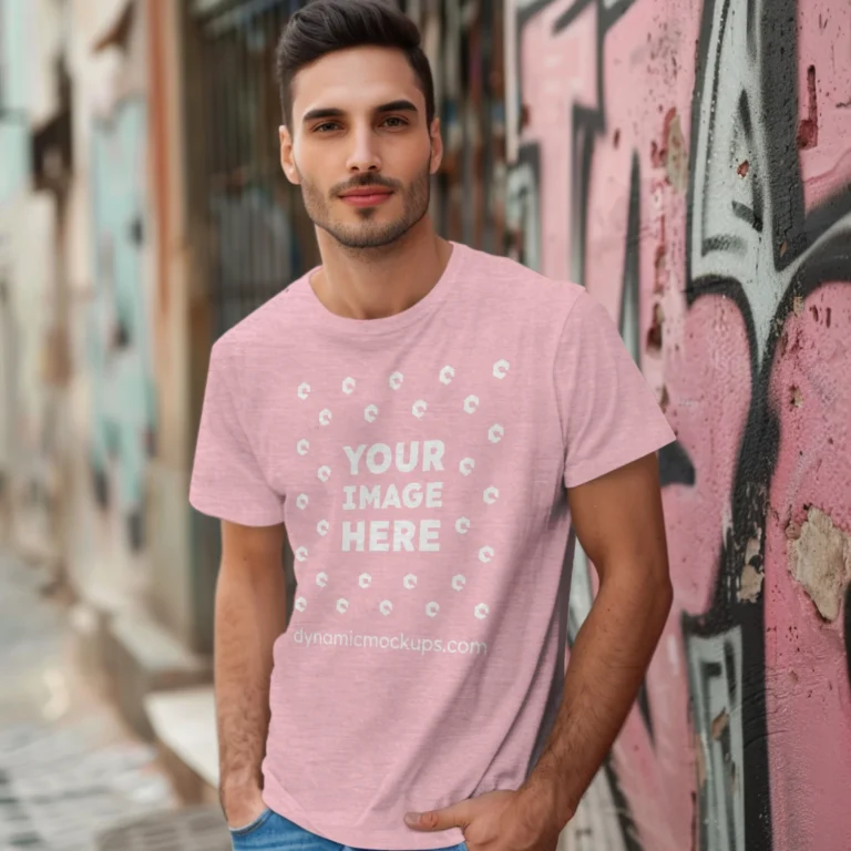 Man Wearing Pink T-shirt Mockup Front View Template