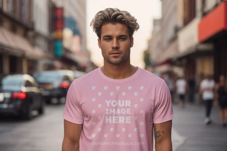 Man Wearing Pink T-shirt Mockup Front View Template