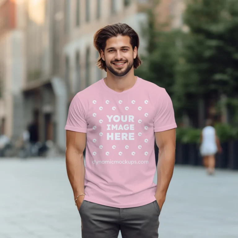 Man Wearing Pink T-shirt Mockup Front View Template