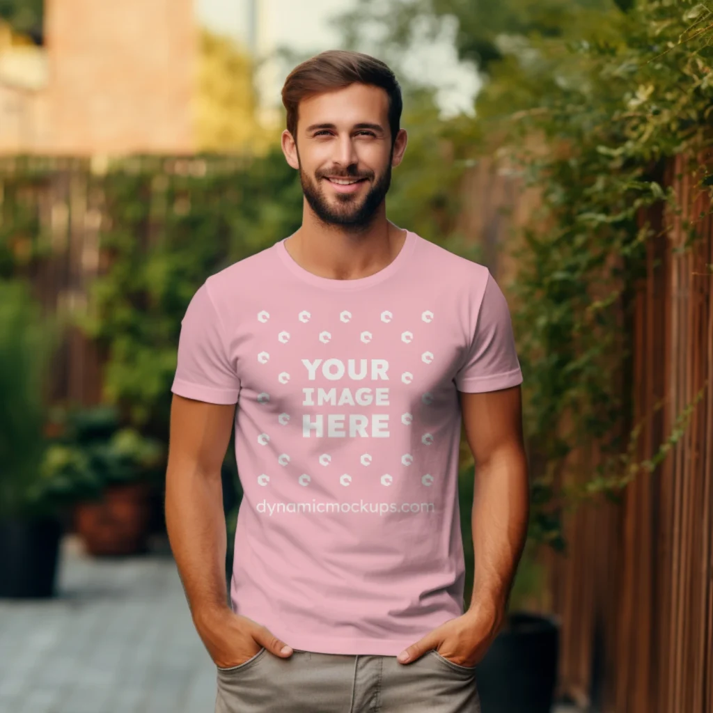 Man Wearing Pink T-shirt Mockup Front View Template