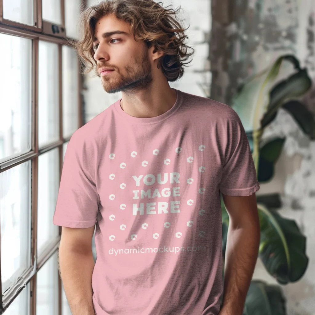 Man Wearing Pink T-shirt Mockup Front View Template