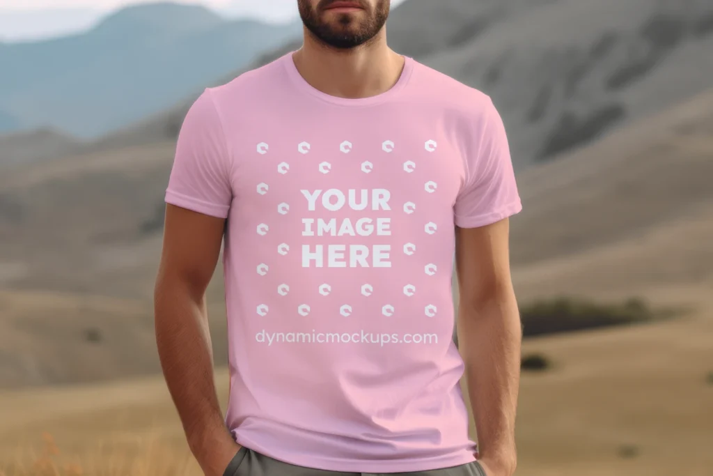 Man Wearing Pink T-shirt Mockup Front View Template