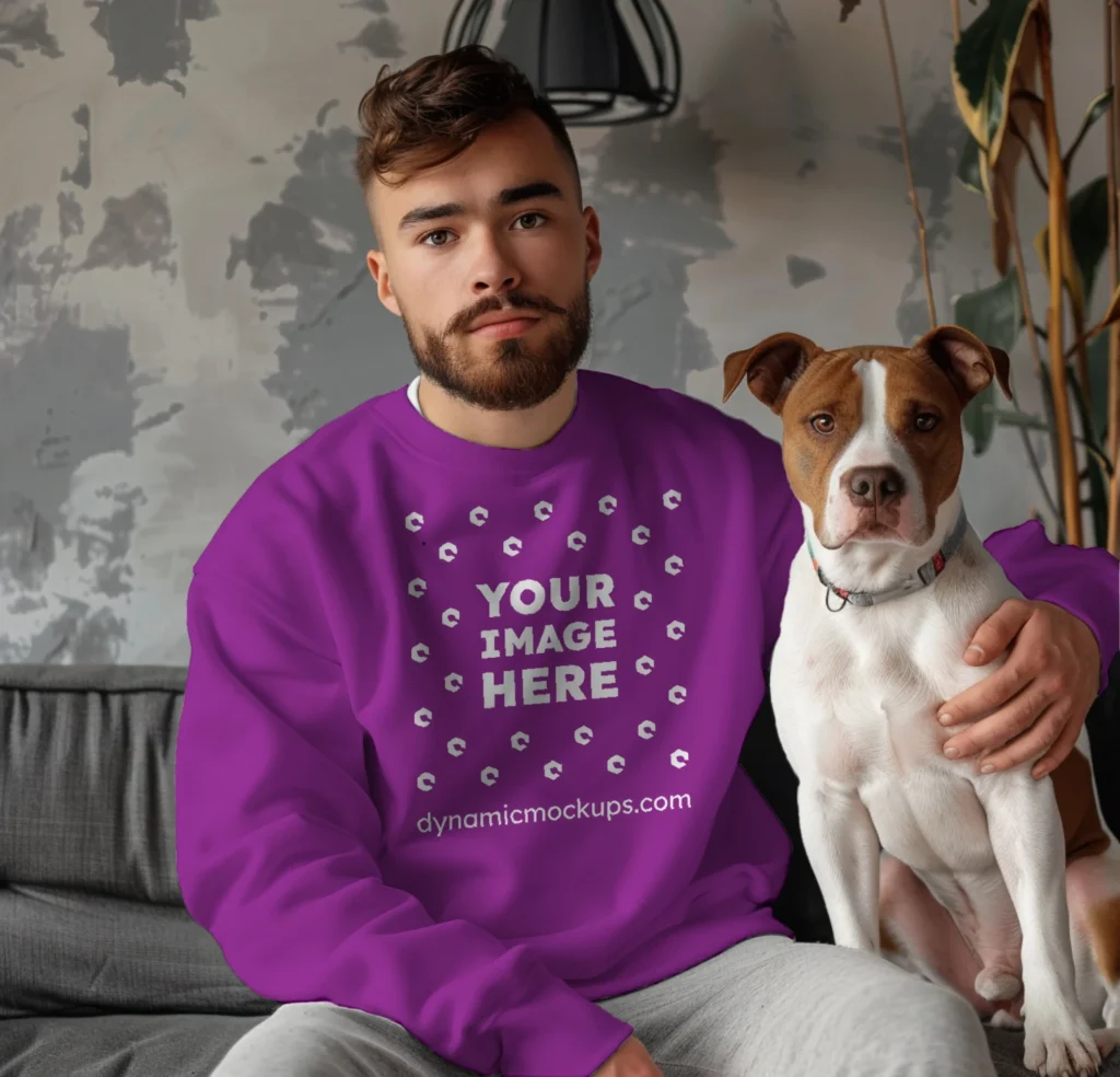 Man Wearing Purple Sweatshirt Mockup Front View Template