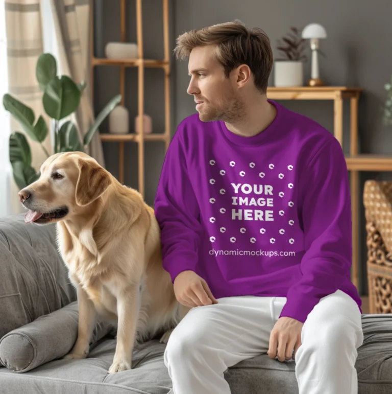 Man Wearing Purple Sweatshirt Mockup Front View Template