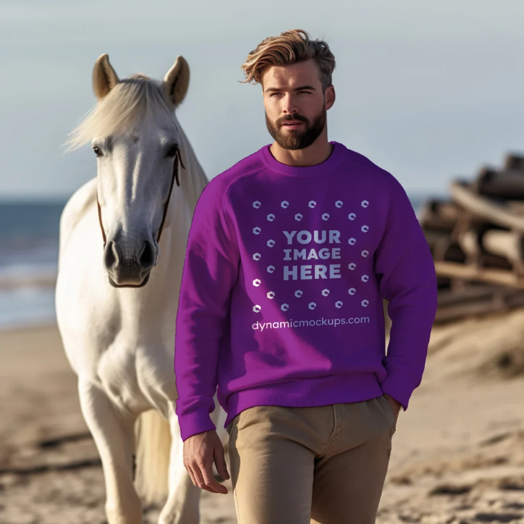 Man Wearing Purple Sweatshirt Mockup Front View Template