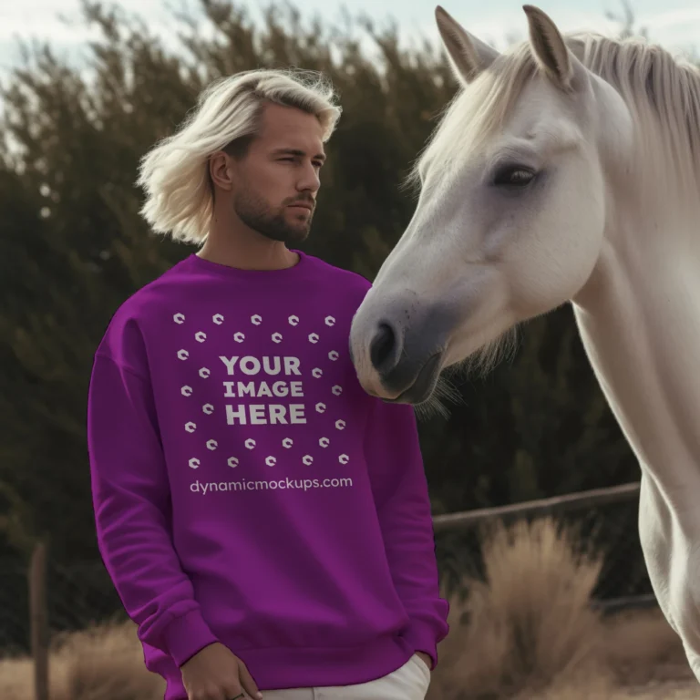 Man Wearing Purple Sweatshirt Mockup Front View Template