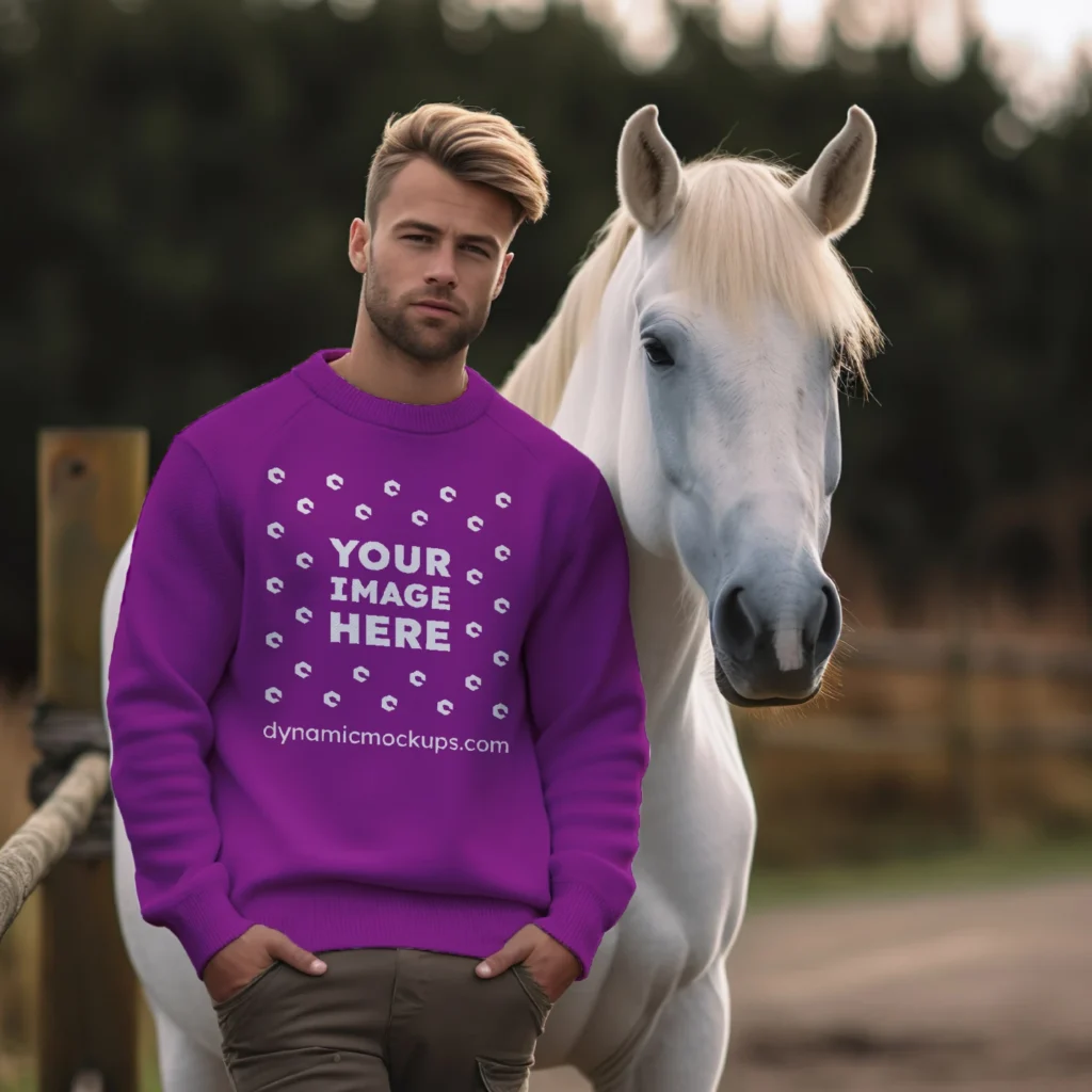 Man Wearing Purple Sweatshirt Mockup Front View Template