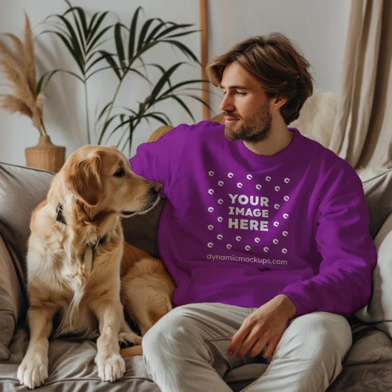 Man Wearing Purple Sweatshirt Mockup Front View Template