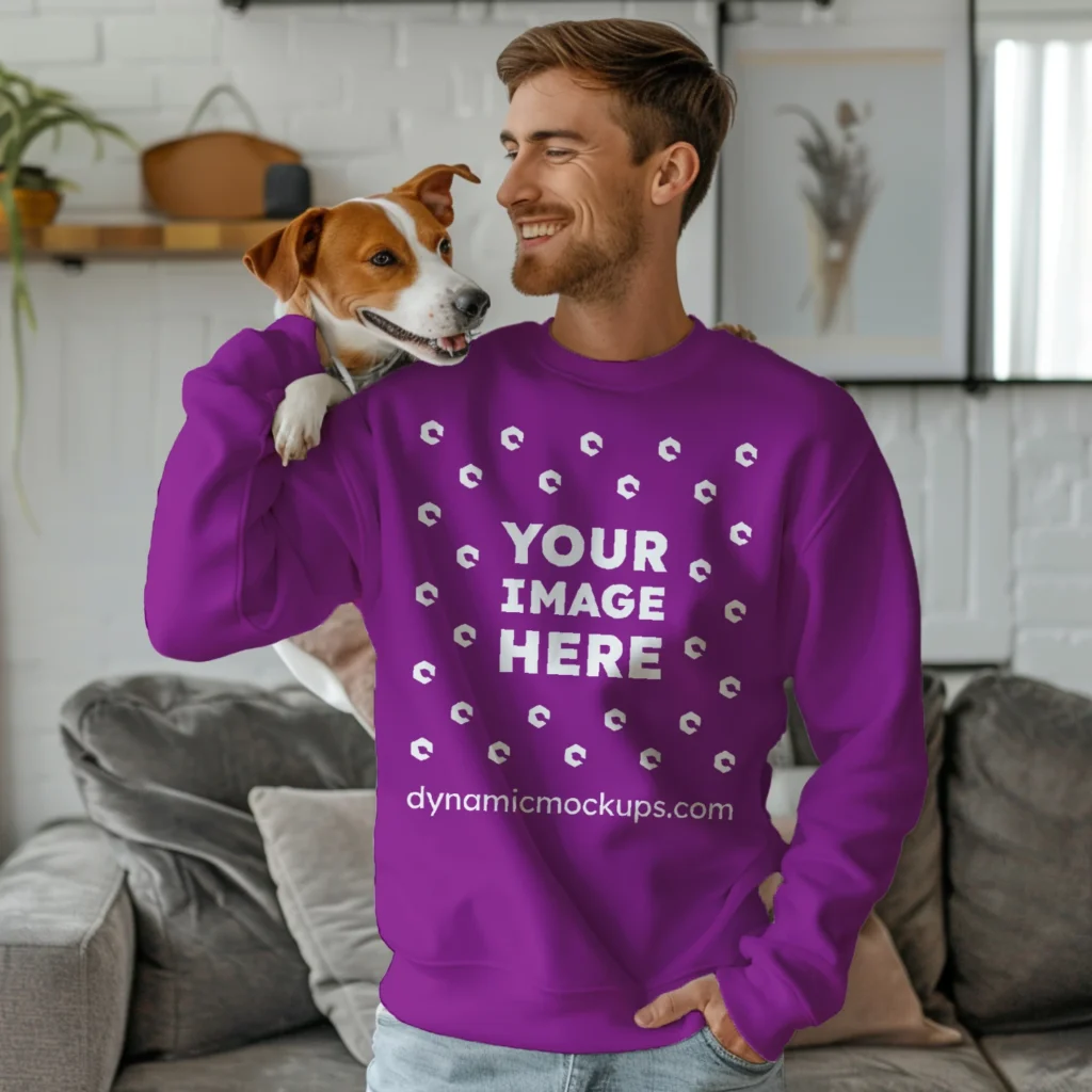 Man Wearing Purple Sweatshirt Mockup Front View Template