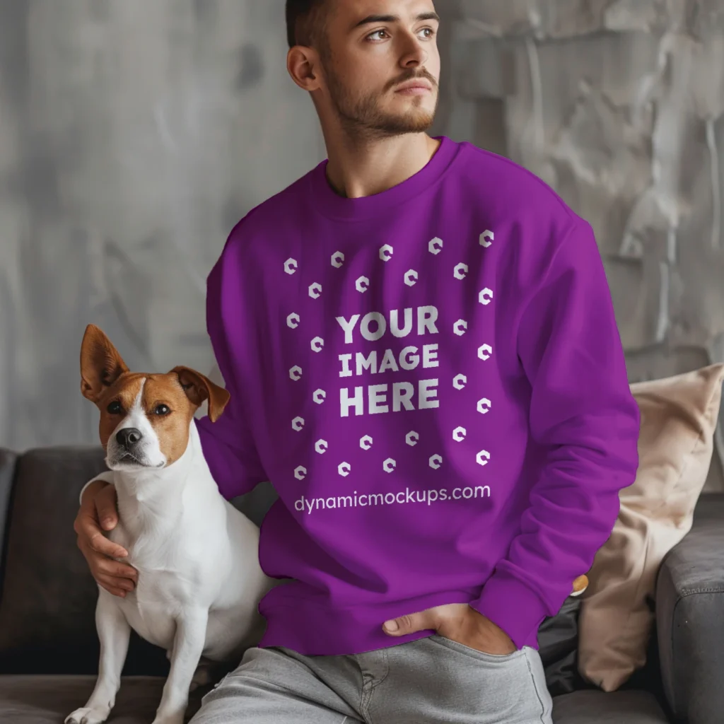 Man Wearing Purple Sweatshirt Mockup Front View Template