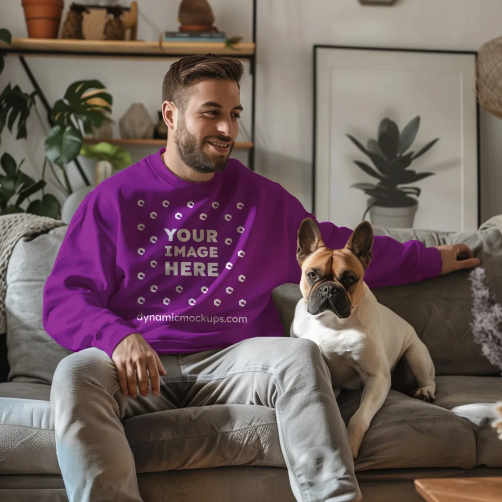 Man Wearing Purple Sweatshirt Mockup Front View Template