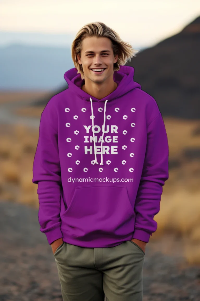 Man Wearing Purple Hoodie Mockup Front View Template