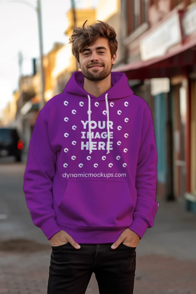 Man Wearing Purple Hoodie Mockup Front View Template