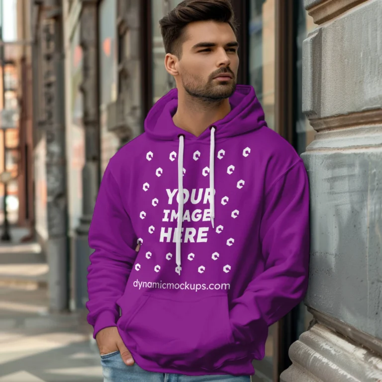 Man Wearing Purple Hoodie Mockup Front View Template