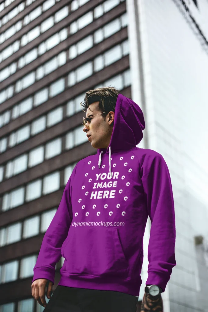 Man Wearing Purple Hoodie Mockup Front View Template